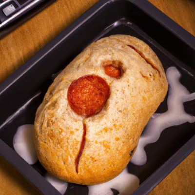 Imagem de uma pizza de pão de forma feita na airfryer. A pizza tem uma borda crocante e dourada e é coberta com queijo derretido, molho de tomate e outros ingredientes como pepperoni, cogumelos e pimentões.