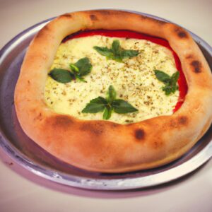 Imagem de uma pizza sendo cozida em uma fritadeira de ar. A pizza tem uma crosta crocante e está coberta com queijo derretido, pepperoni e pimentões.