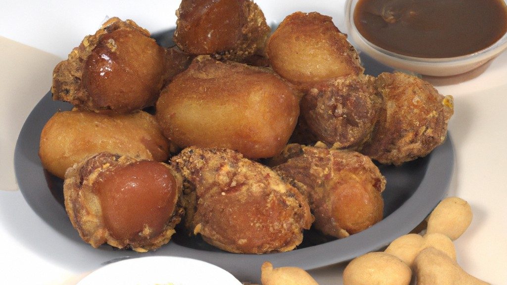 Imagem de uma posta de cação empanada, crocante e dourada, cozida em uma airfryer. A posta é servida em um prato, acompanhada de fatias de limão e um molho tártaro.