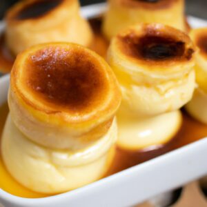 Imagem de um pudim cremoso e dourado em uma tigela, feito na airfryer, com uma colher ao lado, pronto para ser saboreado.