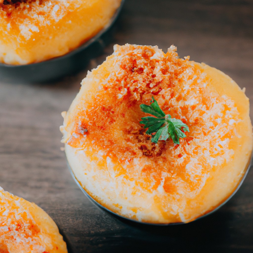 Imagem de um pudim fit assado em uma airfryer. O pudim é feito com ingredientes saudáveis, como aveia, banana e cacau em pó, e é coberto com uma calda de chocolate saudável.