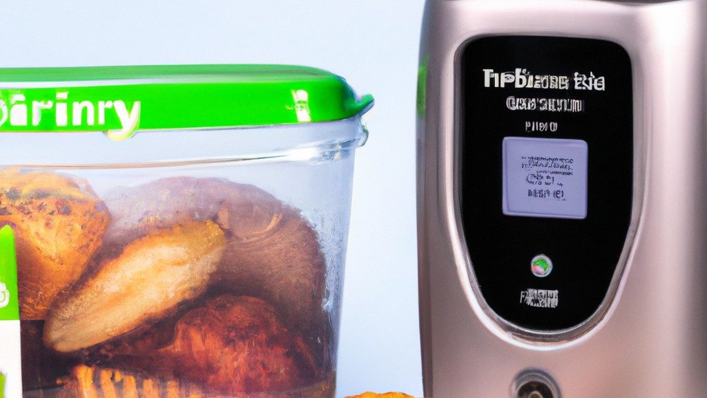 Foto de uma airfryer de 5 litros com uma cesta removível e um painel de controle digital. O texto 