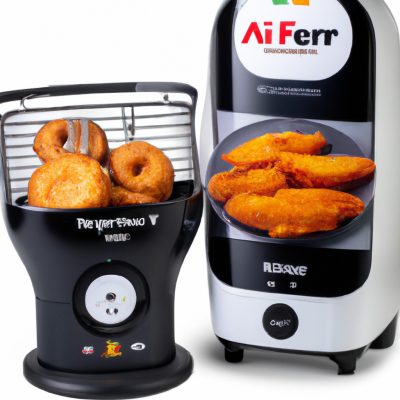 Imagem de uma fritadeira sem óleo com a marca "Melhor Fritadeira Sem Óleo" em destaque na tela. A fritadeira é mostrada em um fundo branco, com um gráfico de barras indicando os principais recursos à direita. Os recursos incluem capacidade, temperatura, timer e desligamento automático.