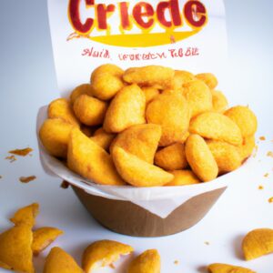 Imagem de queijo empanado frito até dourar em uma airfryer. O queijo é coberto com farinha, ovo e farinha de rosca antes de ser frito. O queijo é servido com um molho de tomate.