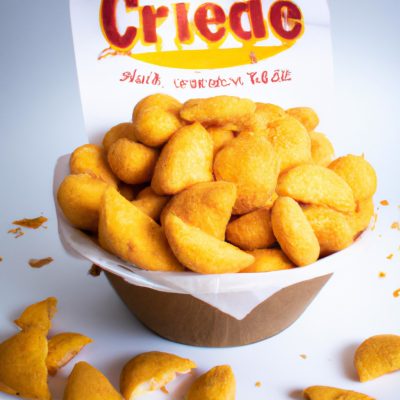 Imagem de queijo empanado frito até dourar em uma airfryer. O queijo é coberto com farinha, ovo e farinha de rosca antes de ser frito. O queijo é servido com um molho de tomate.