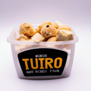 Imagem de um prato com fatias de queijo trufado derretidos e borbulhantes, preparados na Airfryer. O queijo está dourado e tem pequenas manchas pretas de trufas.