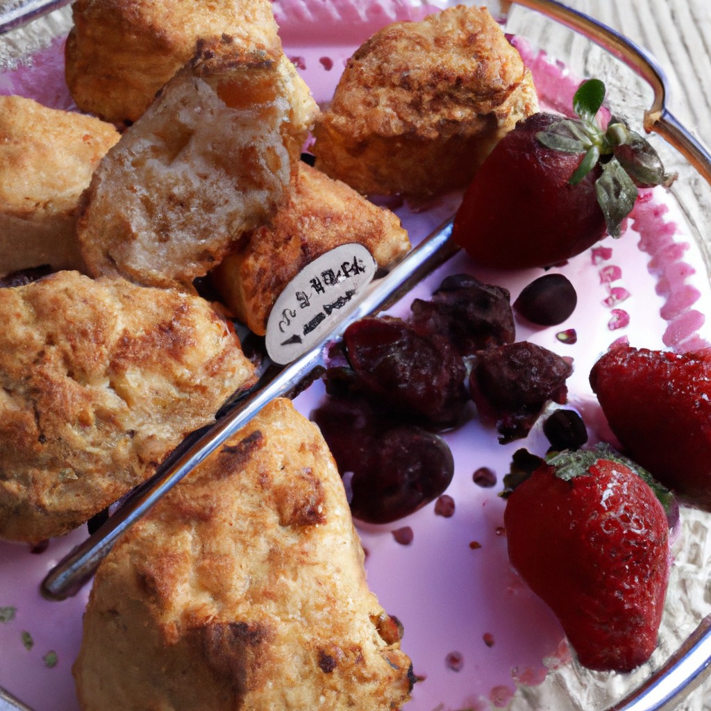 Queridinho Da Família: Scones De Framboesa Na Airfryer 1 Imagem de scones de framboesa recém-assados em uma Airfryer, com uma tigela de framboesas frescas ao lado. Os scones são dourados e escamosos, com framboesas vermelhas brilhantes embutidas na massa.