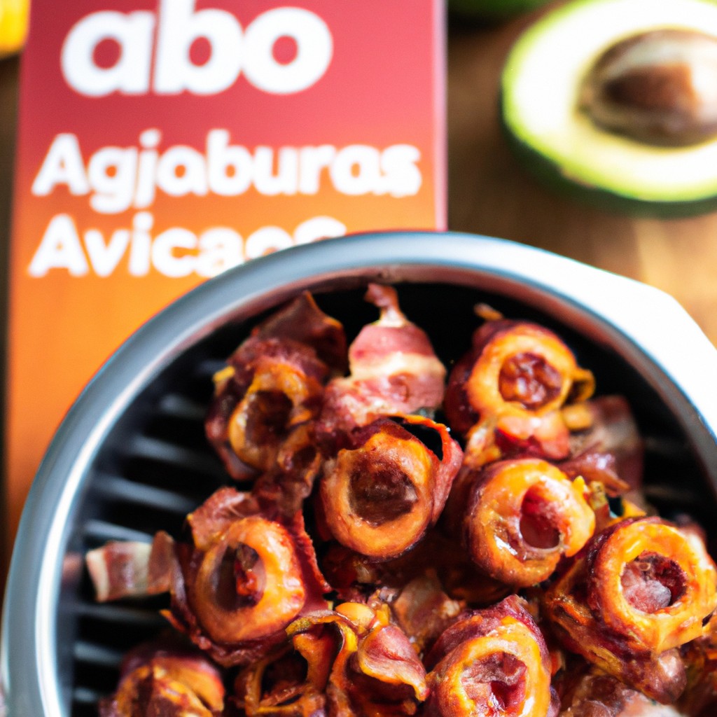Quiabo Com Bacon Na Airfryer: Receita Super Simples E Rápida 1 Imagem de quiabos verdes crocantes e bacon dourado cozidos na Airfryer. Os quiabos são cortados em pedaços e cobertos com bacon fatiado. O prato é guarnecido com salsa picada e servido em um prato.