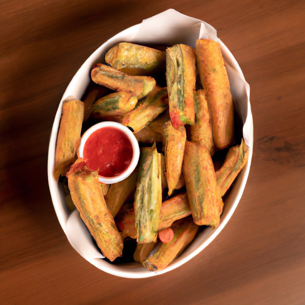 Imagem de quiabos crocantes cozidos na airfryer. Os quiabos são de cor verde brilhante e estão cobertos com uma crosta marrom dourada. Eles estão dispostos em uma travessa branca.