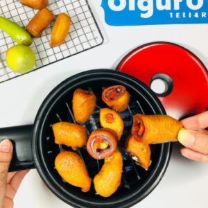 Imagem de quiabos fritos na airfryer, crocantes e dourados, servidos em uma tigela com um ramo de alecrim ao lado.