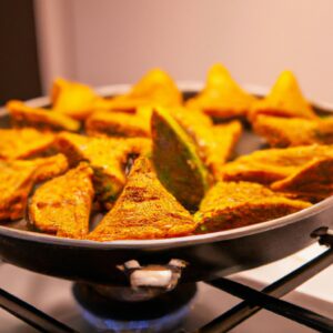 Imagem de quibe de abóbora empanado na airfryer, cortado em pedaços e disposto em um prato. A abóbora é laranja brilhante e o empanado é dourado e crocante. Ao fundo, há um recipiente de molho tahine.