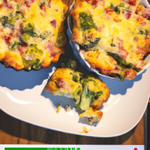 Imagem de uma quiche de brócolis preparada em uma Airfryer. A quiche tem uma crosta dourada e é recheada com brócolis verde, queijo derretido e ovos. A imagem mostra a quiche de cima, com uma fatia retirada para revelar o recheio.