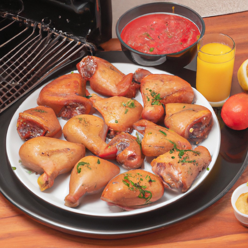 Rap 10 De Frango Grelhado Na Airfryer 1 Uma imagem de perto de dez pedaços de frango grelhado perfeitamente dourados em uma cesta de airfryer. O frango está temperado com ervas e especiarias e tem um aspecto suculento e delicioso.