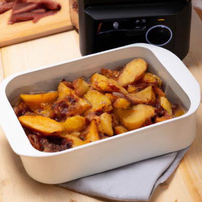 Uma foto do prato Ratatouille feito em uma airfryer. O prato é composto por vegetais coloridos, como berinjela, abobrinha, pimentão e tomate, cortados em cubos e dispostos em um padrão intrincado. O prato está dourado e borbulhante, com gotas de azeite de oliva por cima.