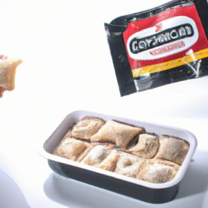 Imagem de raviolis congelados cozidos em uma AirFryer. Os raviolis estão dourados e crocantes, com um recheio derretido e fumegante.