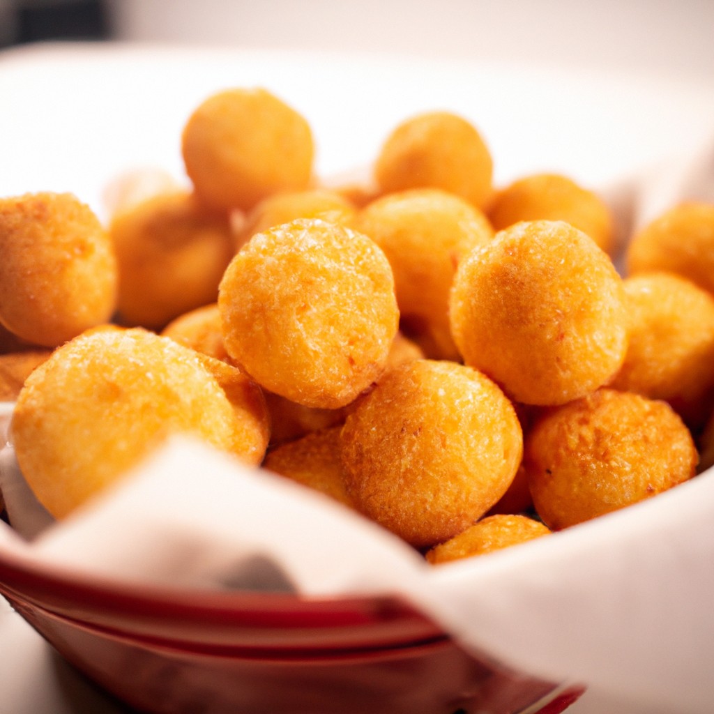 Imagem de bolinhas de queijo douradas e crocantes feitas na airfryer, usando apenas três ingredientes: queijo mussarela, ovo e farinha de rosca. As bolinhas são apresentadas em um prato forrado com papel toalha, prontas para serem saboreadas.