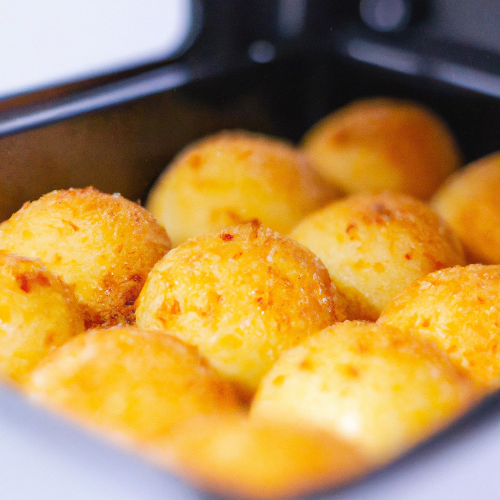 Imagem de bolinhos de arroz quentes e dourados cozidos em uma Airfryer, recheados com queijo derretido e polvilhados com cebolinha. Esses bolinhos crocantes e cremosos são um lanche ou aperitivo perfeito.