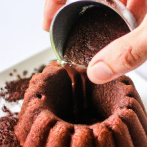 Imagem de um bolo de chocolate assado em uma Airfryer, coberto com uma cobertura de ganache. O bolo é feito com farinha, açúcar, cacau em pó, fermento em pó, bicarbonato de sódio, sal, leite, óleo vegetal e extrato de baunilha. A cobertura é feita com chocolate meio amargo e creme de leite.