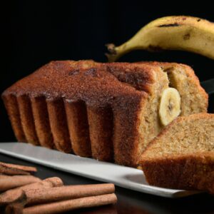 Imagem de um bolo de banana úmido e dourado feito na Airfryer. O bolo é polvilhado com canela e tem uma textura densa e macia. Ele está em um prato branco com uma espátula ao lado.