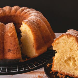 Imagem de um bolo simples dourado cozido em uma Airfryer, mostrando sua textura macia e crocante.