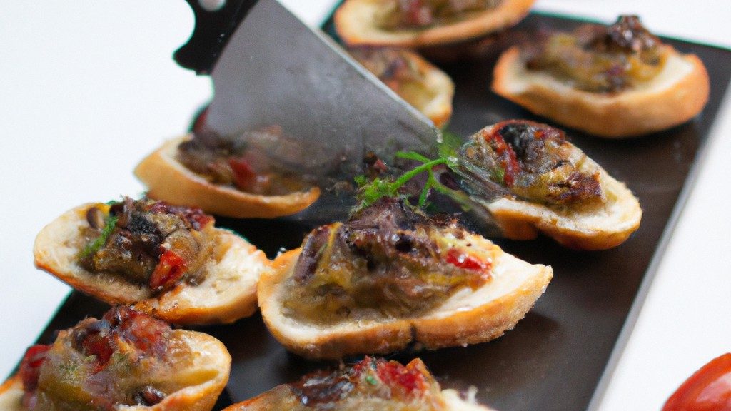 Imagem de uma brusqueta de berinjela assada na airfryer. A berinjela é cortada em fatias finas e assada até ficar macia e dourada. É coberta com tomate picado, cebola roxa, manjericão e queijo parmesão ralado.