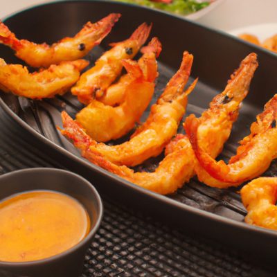 Imagem de um prato de camarão frito ao ar com limão e ervas, preparado seguindo a receita de camarão internacional na Airfryer passo a passo. Os camarões estão crocantes e dourados, com um toque de limão e ervas para dar sabor.
