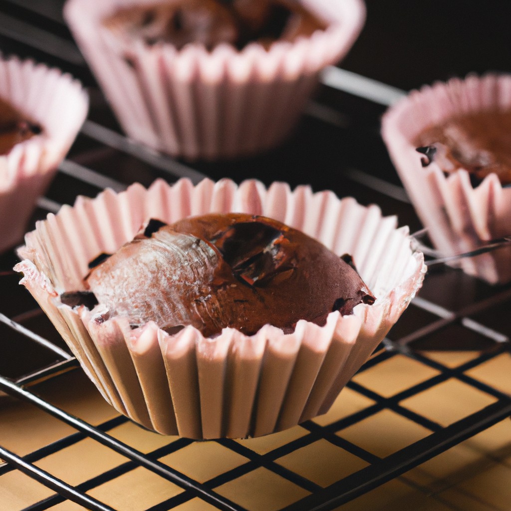 Imagem de cupcakes de chocolate assados em forminhas de papel dentro da cesta da Airfryer. Os cupcakes são cobertos com uma cobertura de chocolate cremosa e polvilhados com granulado de chocolate.