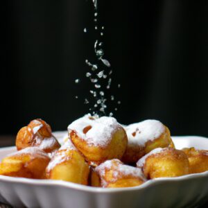 Imagem de uma travessa com rabanadas douradas e crocantes preparadas na Airfryer. As rabanadas são polvilhadas com açúcar e canela e servidas com calda de frutas vermelhas ao lado.