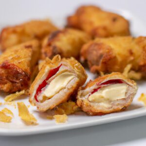 Frango recheado com queijo e presunto cozido em uma airfryer. O frango é dourado e crocante, e o recheio é derretido e borbulhante. O frango está em uma tábua de corte, e há um raminho de alecrim ao lado dele.