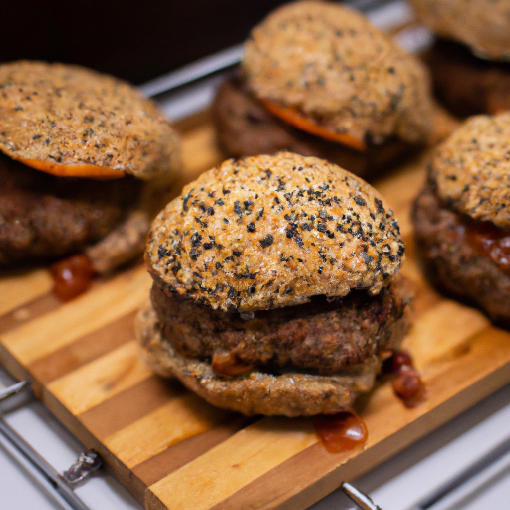 Receita De Hambúrguer De Carne Moída Com Aveia Na Airfryer 1 Imagem de um hambúrguer grelhado na Airfryer, feito com carne moída e aveia. O hambúrguer está no pão, com alface, tomate, cebola e queijo.