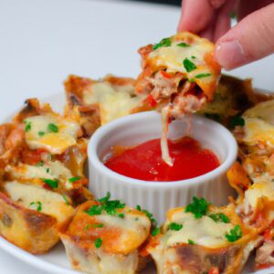 Imagem de lasanha bites crocantes e dourados em uma airfryer. Os bites são recheados com queijo derretido, molho de tomate e massa de lasanha.