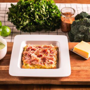 Imagem da airfryer contendo uma assadeira com uma lasanha de brócolis, bacon e molho branco. A lasanha tem várias camadas, incluindo massa, brócolis, bacon, molho branco e queijo. A lasanha está dourada e borbulhante.