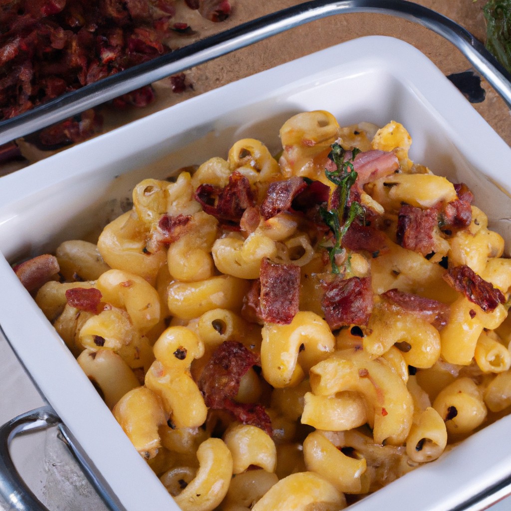 Imagem de uma porção de macarrão cozido na Airfryer, coberto com fatias de bacon crocantes e um molho de queijo cremoso e derretido. A imagem mostra o macarrão cozido perfeitamente, com uma leve crosta dourada e o bacon baconizado com uma textura crocante. O molho de queijo é rico e cremoso, cobrindo o macarrão e o bacon e criando um prato apetitoso e reconfortante.