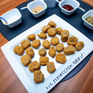 Imagem de nuggets veganos crocantes e dourados cozidos em uma Airfryer. Os nuggets são feitos com grão de bico, ervilhas e especiarias, e são servidos com um molho de sua escolha.