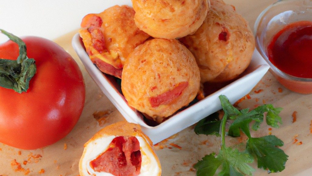 Imagem de cima para baixo de um tomate recheado com ricota cozido na airfryer. O tomate está cortado ao meio e recheado com uma mistura de ricota, ervas e especiarias. O tomate e o recheio são dourados e ligeiramente carbonizados.