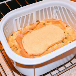 Imagem de uma torta de sardinha recém-assada na Airfryer. A torta tem uma crosta dourada e crocante, e o recheio é feito com sardinha, cebola, tomate e pimentão.