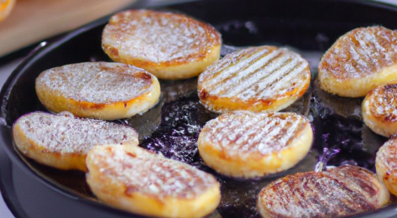 Imagem de uma tortilha doce recém-feita em uma airfryer. A tortilha é marrom-dourada e tem uma textura crocante. É recheada com canela, açúcar e manteiga, e é perfeita para um café da manhã ou lanche rápido e fácil.