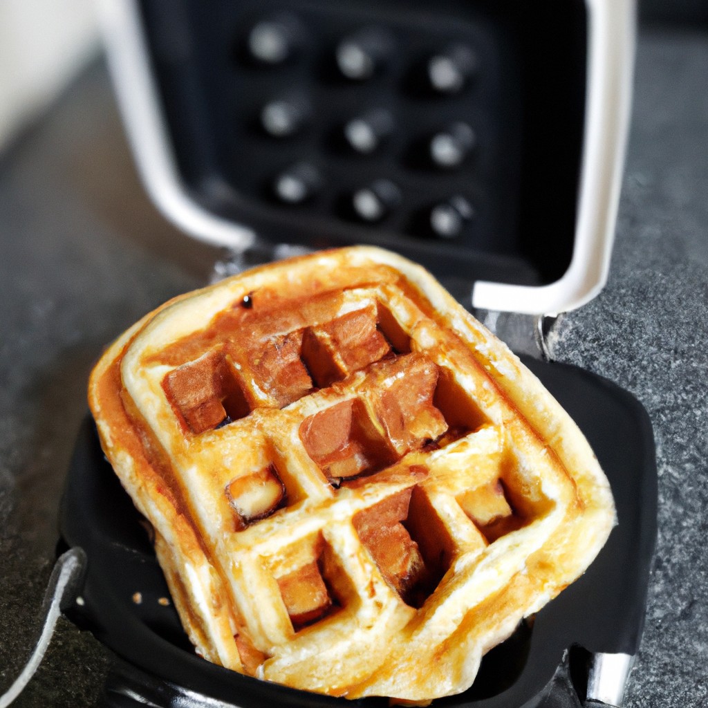 Imagem de waffles dourados e crocantes feitos na Airfryer, cobertos com manteiga derretida e calda de bordo. Esses waffles são feitos com uma massa caseira fácil de preparar, resultando em waffles fofos e saborosos que podem ser apreciados a qualquer hora do dia.