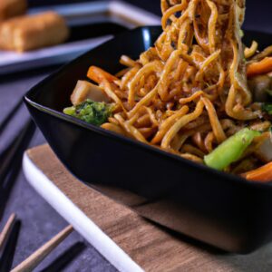 Imagem de yakisoba crocante preparado em uma airfryer. O macarrão é coberto com vegetais, carne e um molho escuro. O yakisoba está em um prato branco e é guarnecido com cebolinha e gergelim.