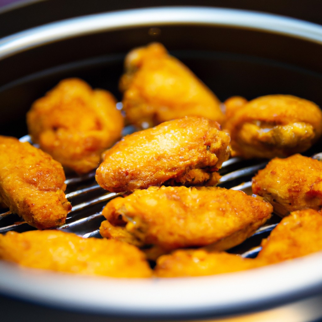 Imagem de um prato com defricassê de frango preparado na Airfryer. O frango está dourado e coberto com um molho cremoso e espesso, guarnecido com ervas frescas.
