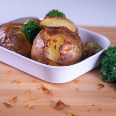 Imagem de uma batata gratinada com brócolis feita na Airfryer. A batata é fatiada e disposta em camadas com o brócolis, que é coberto com um molho cremoso de queijo. O prato é dourado e borbulhante, com uma crosta crocante por cima.