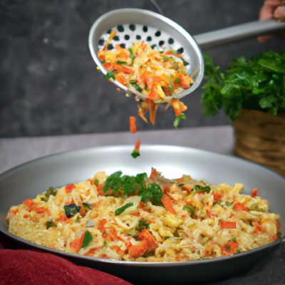 Imagem de um prato com macarrão cozido acompanhado de vários legumes coloridos, como brócolis, cenoura, pimentão e cebola, todos preparados em uma Airfryer.