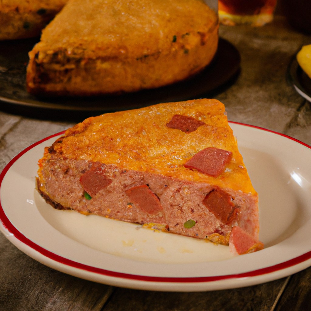 Receita Deliciosa De Torta De Milho Com Linguiça Calabresa 1 Imagem de uma torta de milho com linguiça calabresa assada em um prato branco. A torta é apresentada em uma fatia, revelando uma crosta dourada e crocante, milho doce e suculento e pedaços picantes de linguiça calabresa. O prato é decorado com folhas de manjericão fresco e pimenta vermelha em flocos, criando uma apresentação vibrante e apetitosa.