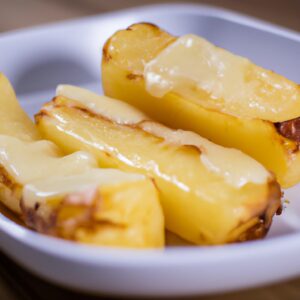 Imagem de uma batata gratinada dourada e crocante cozida em uma Airfryer. O prato é coberto com queijo derretido e ervas frescas, e está servido em um prato branco.