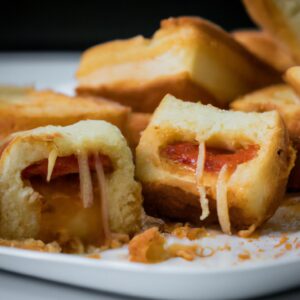 Uma fotografia de um prato com pão à parmegiana feito na airfryer. O pão está dourado e coberto com queijo derretido e molho de tomate.