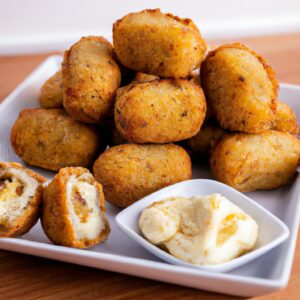 Imagem de um bolinho de batata com carne moída frito em uma Airfryer. O bolinho é dourado e crocante, com um recheio de carne moída temperada e batatas macias.