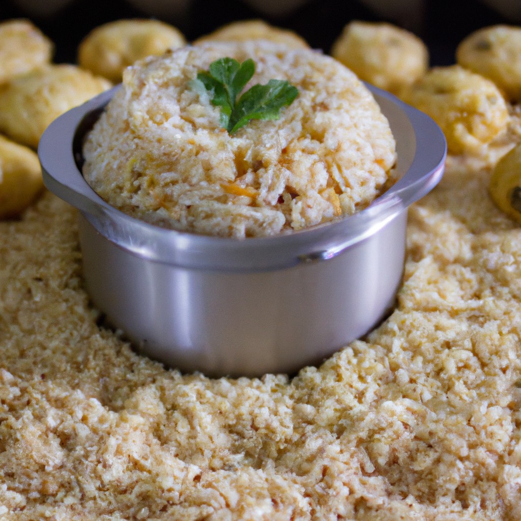 Imagem de um prato com arroz integral cozido na Airfryer. O arroz é marrom claro e tem uma textura fofa. Está coberto com ervas frescas e acompanhado de uma fatia de limão.
