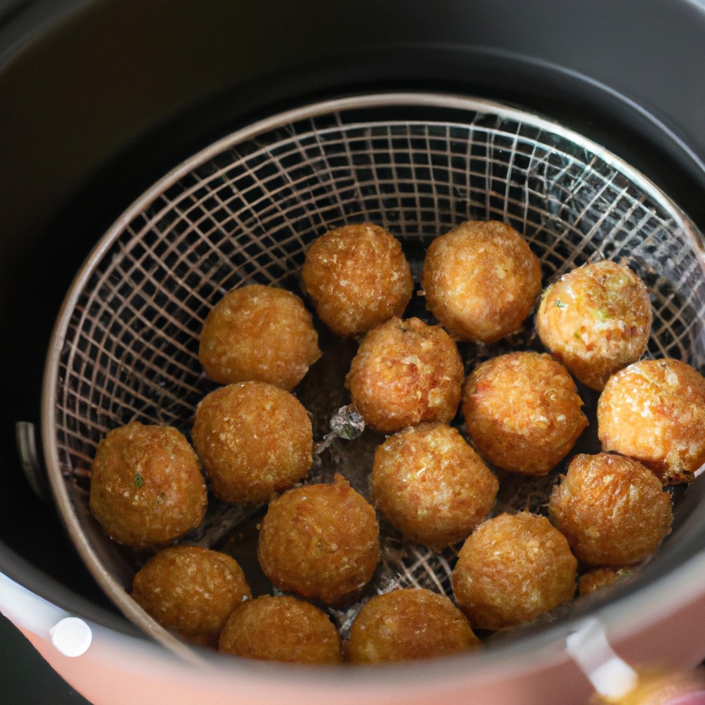 Receita Fácil De Bolinho De Vagem Na Airfryer Passo A Passo 1 Imagem de um bolinho de vagem crocante e dourado cozido na Airfryer, servido em um prato com um garfo ao lado.