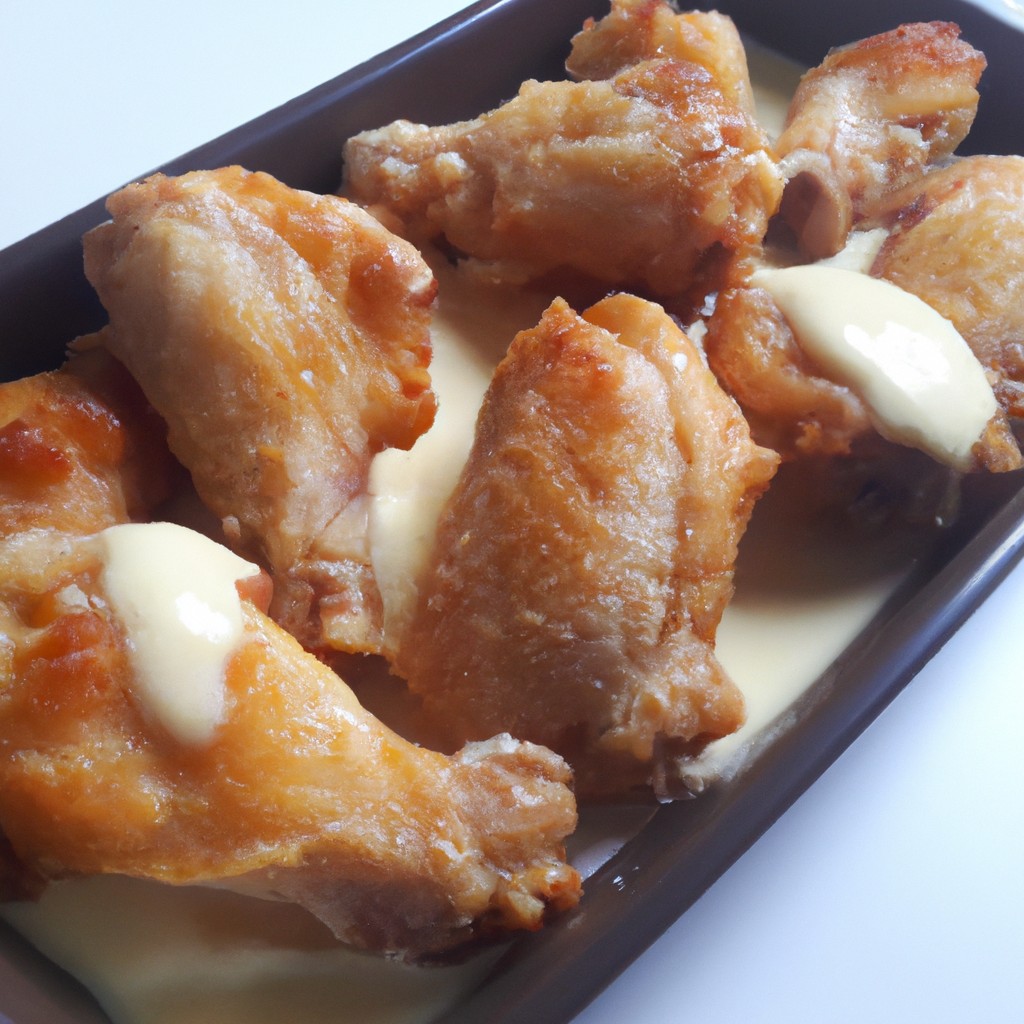 Imagem de um frango inteiro cozido em uma Airfryer, coberto com um molho cremoso e dourado.
