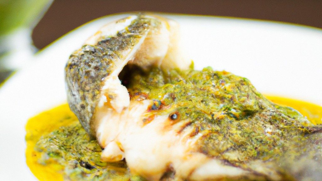 Imagem mostrando uma porção de filés de pescada cozidos em uma Air Fryer, cobertos com um molho verde feito com manjericão, azeite e alho.